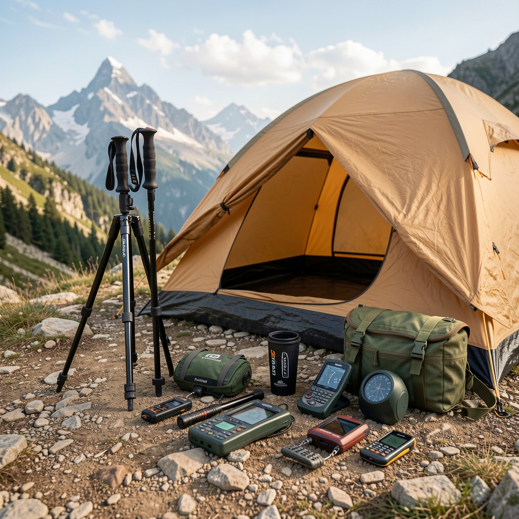 Dağ güzergahına hazırlanmış outdoor kamp ekipmanları ve navigasyon araçları