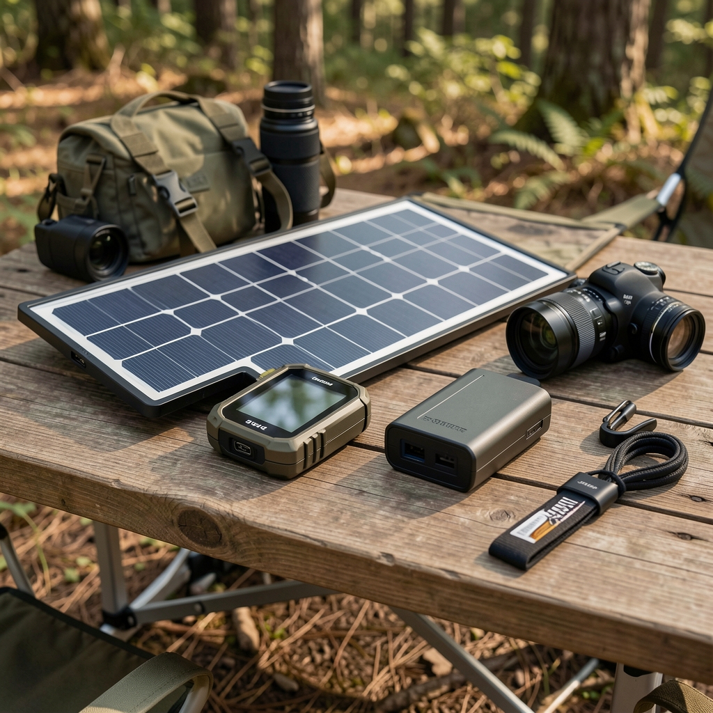 Kamp masası üzerinde dizilmiş GPS cihazı, solar panel, powerbank ve outdoor ekipmanlar