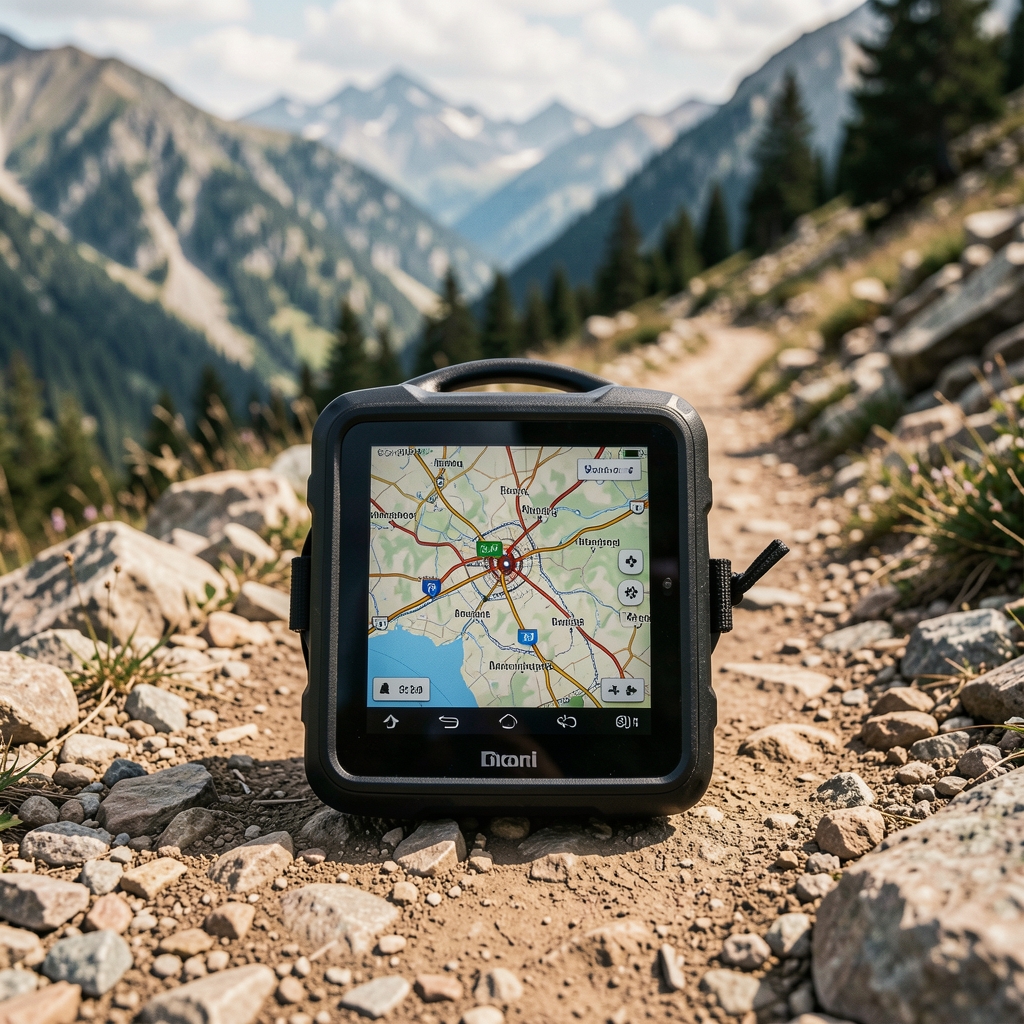 Dağlık arazide taşlı patika üzerine yerleştirilmiş outdoor GPS navigasyon cihazı, ekranda harita görünüyor