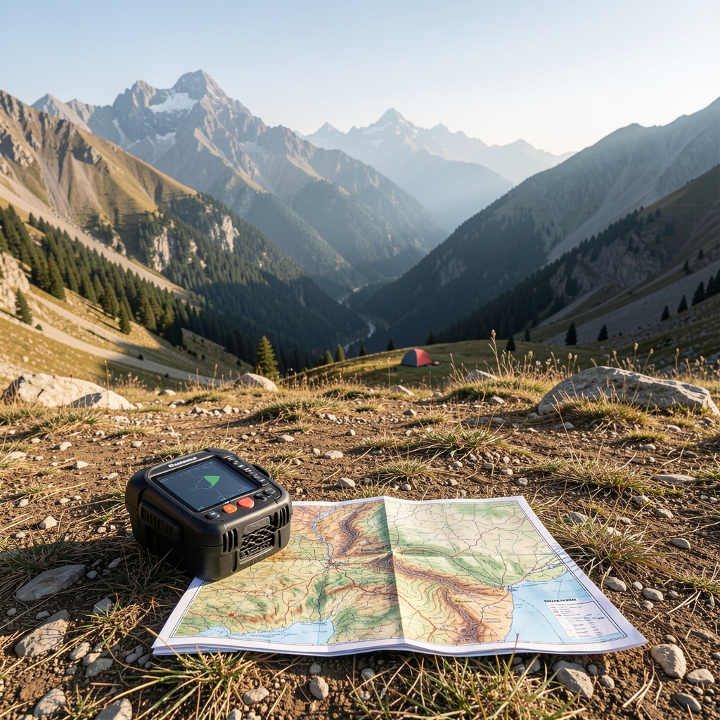 Türkiye dağlarında boş kamp alanı GPS navigasyon cihazı ve topo haritası