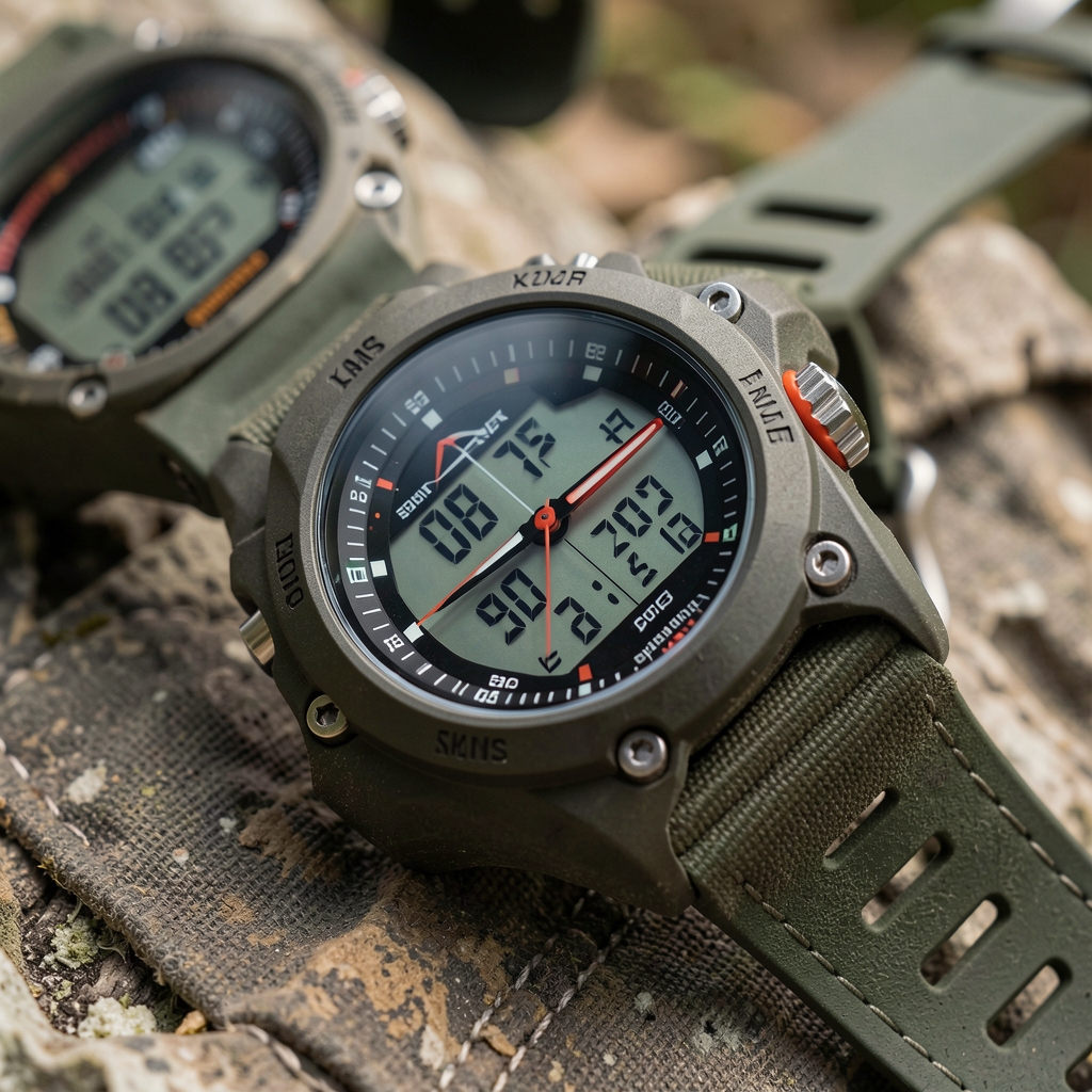 Kamp ekipmanları arasında yatan GPS navigasyonlu outdoor spor saat yakın çekim