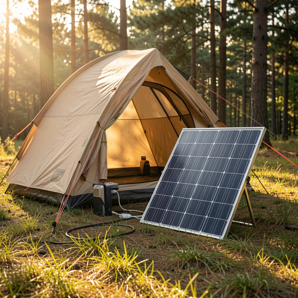 Güneş ışığında kamp çadırı yanında açılmış katlanır solar panel şarj cihazı